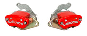 Wilwood MC4 brake kit: Two red MC4 mechanical parking-brake calipers viewed at opposing angles, with silver actuating arms visible; for compatible 12.19-inch Pro Series rear brakes.