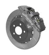 Wilwood AERO6-ST brake kit: Gray anodized caliper over a slotted rotor assembled to a dark dynamic hat, without a separate wheel hub; 14-inch front brake setup for Mustang/RideTech Hub.