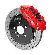 Wilwood Superlite 6R brake kit: Angled red Superlite caliper beside a drilled-and-slotted rotor mounted to a black five-hole hat; 12.88-inch front brake setup for Audi A4/S4/RS4/S5.