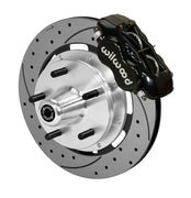 Wilwood Dynalite brake kit: Single-side assembly with a black caliper, drilled-and-slotted rotor and polished aluminum hub with five wheel studs; 12.19-inch front brake setup for Mustang II/Pinto/Bobcat.