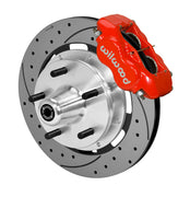 Wilwood Dynalite brake kit: Single-side assembly with a red caliper, drilled-and-slotted rotor and polished aluminum hub with five wheel studs; 12.19-inch front brake setup for Mustang II/Pinto/Bobcat.