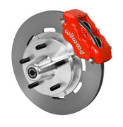 Wilwood Dynalite brake kit: Single-side assembly with a red caliper, plain rotor and polished aluminum hub with five wheel studs; 12.19-inch front brake setup for Mustang II/Pinto/Bobcat.