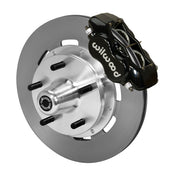 Wilwood Dynalite brake kit: Single-side assembly with a black caliper, plain rotor and polished aluminum hub with five wheel studs; 12.19-inch front brake setup for Mustang II/Pinto/Bobcat.