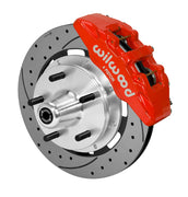 Wilwood Dynapro 6 brake kit: Single-side assembly with a red caliper, drilled-and-slotted rotor and polished aluminum hub with five wheel studs; 12.19-inch front brake setup for Pinto/Bobcat/Mustang II.