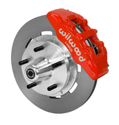 Wilwood Dynapro 6 brake kit: Single-side assembly with a red caliper, plain rotor and polished aluminum hub with five wheel studs; 12.19-inch front brake setup for Pinto/Bobcat/Mustang II.