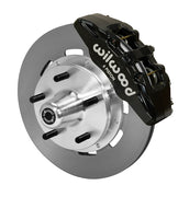 Wilwood Dynapro 6 brake kit: Single-side assembly with a black caliper, plain rotor and polished aluminum hub with five wheel studs; 12.19-inch front brake setup for Pinto/Bobcat/Mustang II.