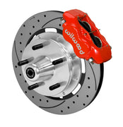 Wilwood Dynalite brake kit: Single-side assembly with a red caliper, drilled-and-slotted rotor and polished aluminum hub with five wheel studs; 12.19-inch front brake setup for ProSpindle 5 x 5.