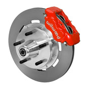 Wilwood Dynalite brake kit: Single-side assembly with a red caliper, plain rotor and polished aluminum hub with five wheel studs; 12.19-inch front brake setup for ProSpindle 5 x 5.