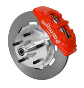 Wilwood Dynapro 6 brake kit: Single-side assembly with a red caliper, plain rotor and polished aluminum hub with five wheel studs; 12.19-inch front brake setup for ProSpindle 5 x 5.