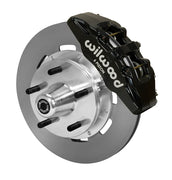 Wilwood Dynapro 6 brake kit: Single-side assembly with a black caliper, plain rotor and polished aluminum hub with five wheel studs; 12.19-inch front brake setup for ProSpindle 5 x 5.