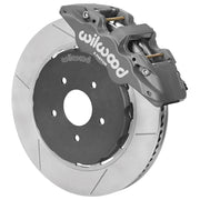 Wilwood AERO6 brake kit: Gray anodized AERO6 caliper beside a slotted rotor attached to a dark five-hole lug-drive hat; 14-inch front brake setup for Corvette/XLR/Hub Spindle.