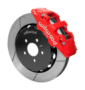 Wilwood AERO6 brake kit: Angled assembly of a red AERO6 caliper beside a slotted rotor and black five-hole hat; 14-inch front brake setup for Audi A4/A5/S4/S5.