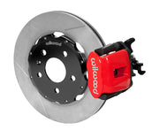 Wilwood CPB brake kit: A red combination caliper with its parking-brake mechanism beside a slotted rotor and black hat; 12.19-inch rear brake setup for Audi A4/S4/RS4/S5.