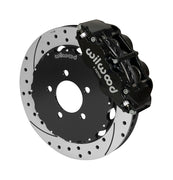 Wilwood Superlite 6R brake kit: A black caliper alongside a drilled-and-slotted rotor attached to a dark five-hole hat in an angled view; 12.88-inch front brake setup for Ford Panther Cars.