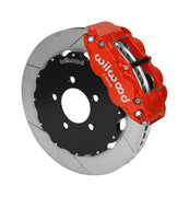 Wilwood Superlite 6R brake kit: A red caliper alongside a slotted rotor attached to a dark five-hole hat in an angled view; 12.88-inch front brake setup for Ford Panther Cars.
