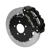 Wilwood Superlite 6R brake kit: A black caliper alongside a slotted rotor attached to a dark five-hole hat in an angled view; 12.88-inch front brake setup for Ford Panther Cars.