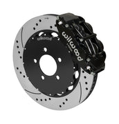 Wilwood Superlite 6R brake kit: A black caliper alongside a drilled-and-slotted rotor attached to a dark five-hole hat in an angled view; 14-inch front brake setup for Ford Panther Cars.