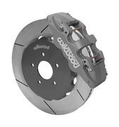 Wilwood AERO6-ST brake kit: Single gray anodized AERO6 caliper beside a slotted rotor assembled to a dark five-hole hat; 14-inch front brake setup for 350Z/G35.