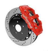 Wilwood AERO6 brake kit: Single red AERO6 caliper beside a drilled-and-slotted rotor assembled to a dark five-hole hat; 14-inch front brake setup for 370Z/G35/G37.
