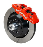 Wilwood F-100 AERO6 drum-spindle front assembly with a red AERO6 caliper, 14.00-inch GT-slotted rotor and central wheel hub with studs
