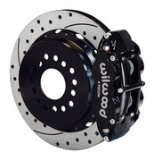 Wilwood Mopar snap-ring Green-bearing rear assembly with a black Superlite 4R caliper beside a 14.00-inch drilled-and-slotted rotor and its mounting hat
