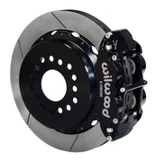 Wilwood Mopar snap-ring Green-bearing rear assembly with a black Superlite 4R caliper beside a 14.00-inch GT-slotted rotor and its mounting hat