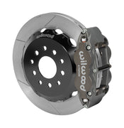 Wilwood C4 Corvette rear race assembly with a gray anodized Superlite 4R caliper beside a 12.88-inch GT-slotted rotor and its mounting hat