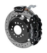 Wilwood C4 Corvette rear MC4 assembly showing the black Superlite 4R service caliper and separate MC4 parking caliper around a 12.88-inch drilled-and-slotted rotor