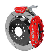 Wilwood C4 Corvette rear MC4 assembly showing the red Superlite 4R service caliper and separate MC4 parking caliper around a 12.88-inch GT-slotted rotor