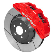 Wilwood Mustang or Ridetech hub-spindle 15-inch front assembly with a red SX6R caliper beside a 15.00-inch GT-slotted rotor and its mounting hat