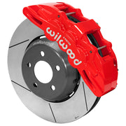 Wilwood Mustang or Ridetech hub-spindle 14-inch front assembly with a red SX6R caliper beside a 14.00-inch GT-slotted rotor and its mounting hat