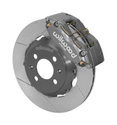 Wilwood 262 mm-spindle Honda/Acura race front assembly with a gray anodized Dynapro Radial caliper beside an 11.75-inch GT-slotted rotor and its mounting hat