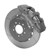 Wilwood BMW E46 M3 front race assembly with a gray anodized AERO6 caliper beside a 14.00-inch GT-slotted rotor and its mounting hat