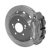 Wilwood BMW E46 M3 rear race assembly with a gray anodized Superlite 4R caliper beside a 12.88-inch GT-slotted rotor and its mounting hat
