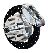 Wilwood early Ford polished-caliper drag front assembly with a polished Forged Dynalite Internal caliper, 10.75-inch drilled solid steel rotor and central wheel hub with studs
