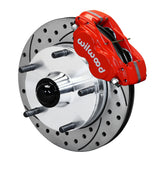 Wilwood MG TD/TF five-lug front assembly with a red Forged Dynalite-M caliper, 10.75-inch drilled-and-slotted rotor and central wheel hub with studs