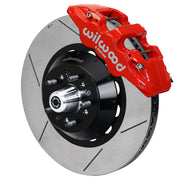Wilwood AERO6 ProSpindle front assembly with a red AERO6 caliper, 15.00-inch GT-slotted rotor and central wheel hub with studs