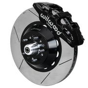 Wilwood AERO6 ProSpindle front assembly with a black AERO6 caliper, 15.00-inch GT-slotted rotor and central wheel hub with studs