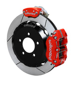 Wilwood NC MX-5 Miata rear MC4 assembly showing the red Narrow Dynapro Radial service caliper and separate MC4 parking caliper around a 12.88-inch GT-slotted rotor