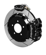 Wilwood NC MX-5 Miata rear MC4 assembly showing the black Narrow Dynapro Radial service caliper and separate MC4 parking caliper around a 12.88-inch GT-slotted rotor