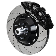 Wilwood GM/Ridetech pin-spindle AERO6 front assembly with a black AERO6 caliper, 15.00-inch drilled-and-slotted rotor and central wheel hub with studs