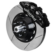 Wilwood GM/Ridetech pin-spindle AERO6 front assembly with a black AERO6 caliper, 15.00-inch GT-slotted rotor and central wheel hub with studs