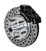 Wilwood C-body 11-inch Dynalite front assembly with a black Forged Dynalite Internal caliper, 11.00-inch drilled-and-slotted rotor and central wheel hub with studs