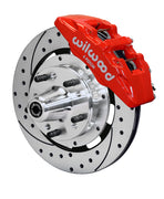 Wilwood C-body six-piston Dynapro front assembly with a red Dynapro 6 caliper, 12.19-inch drilled-and-slotted rotor and central wheel hub with studs