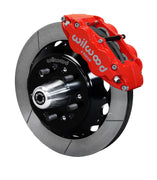 Wilwood C-body 12.88-inch Superlite front assembly with a red Superlite 6R caliper, 12.88-inch GT-slotted rotor and central wheel hub with studs