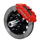 Wilwood C-body 14-inch Superlite front assembly with a red Superlite 6R caliper, 14.00-inch GT-slotted rotor and central wheel hub with studs