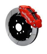 Wilwood five-lug Mini front assembly with a red Superlite 6R caliper beside a 12.88-inch GT-slotted rotor and its mounting hat