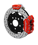 Wilwood five-lug Mini rear MC4 assembly showing the red Narrow Dynapro Radial service caliper and separate MC4 parking caliper around a 12.19-inch drilled-and-slotted rotor