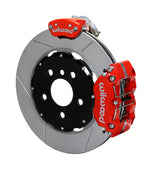 Wilwood five-lug Mini rear MC4 assembly showing the red Narrow Dynapro Radial service caliper and separate MC4 parking caliper around a 12.19-inch GT-slotted rotor