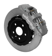 Wilwood Camaro front road-race assembly with a gray anodized AERO6 caliper beside a 14.00-inch GT-slotted rotor and its mounting hat